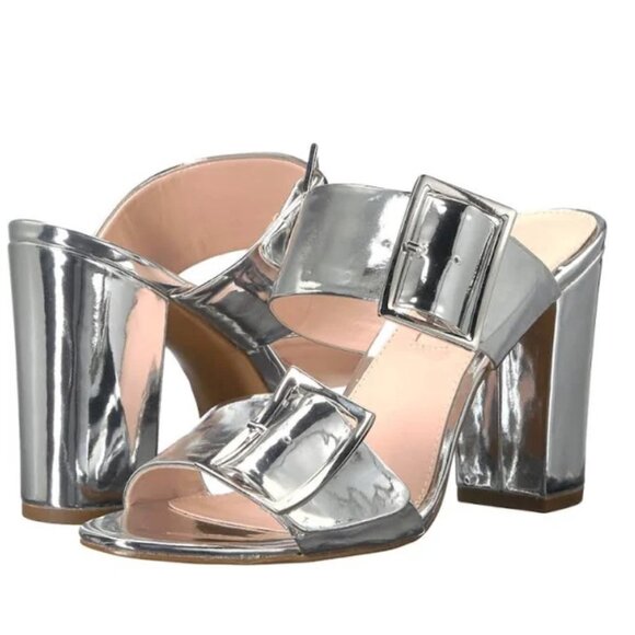 Silver Mirror Metallic Millie buckle wide strap block heel party mules 6.5 NIB - Picture 1 of 7